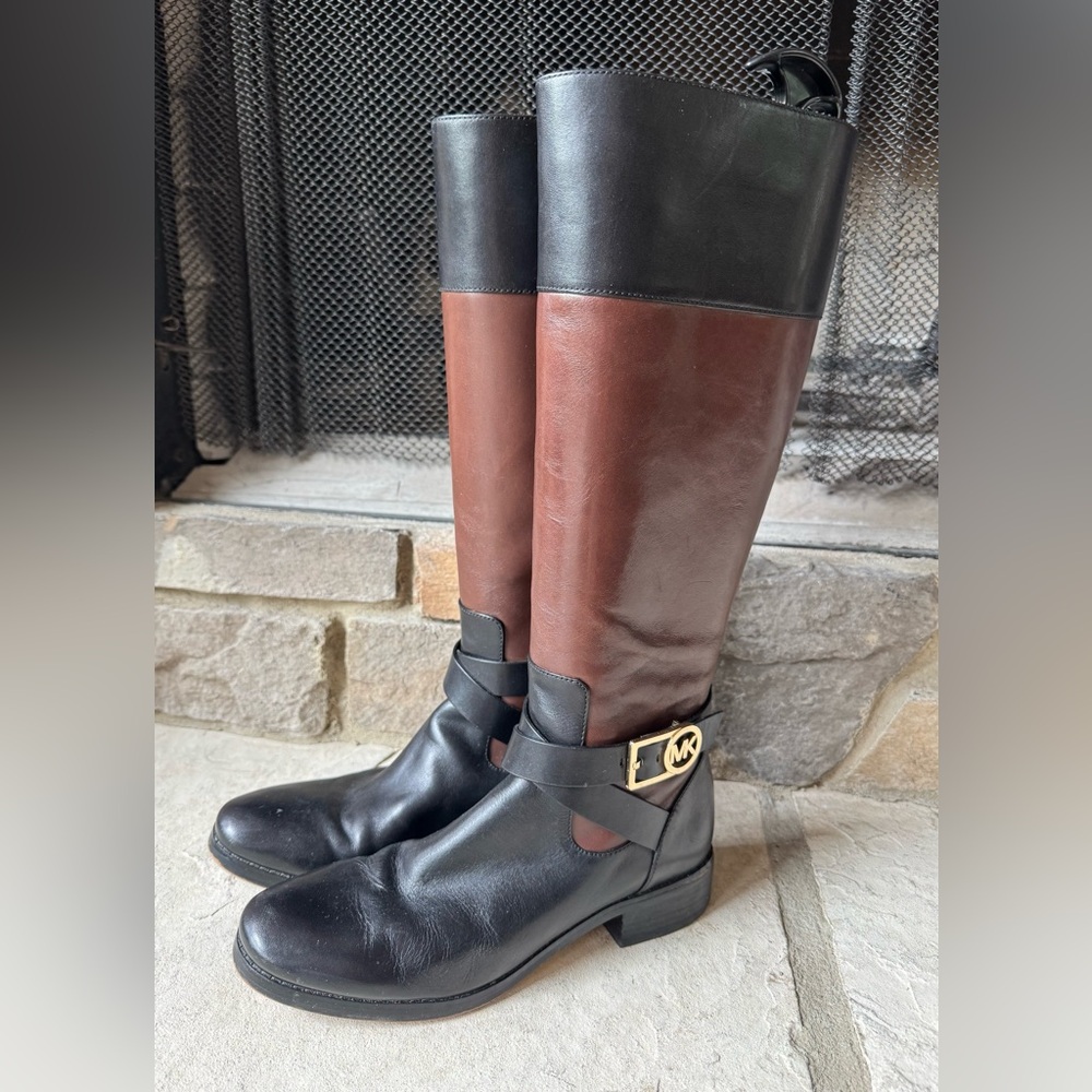 Michael Kors Black and Brown Leather Tall Riding Boots with Gold MK Logo Size 8